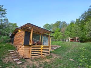 una pequeña cabaña de madera en un campo de hierba en Cabana Mura, 