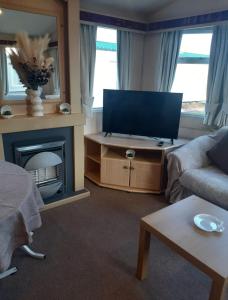 a living room with a television and a fireplace at Happy Days Chapel st Leonard's The Ocean Pearle in Chapel Saint Leonards +9 photos