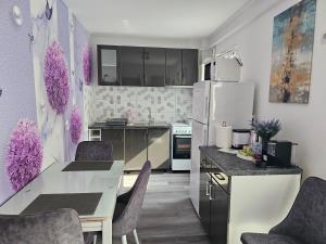 a kitchen with a white refrigerator and a table with chairs at Central Urban Studio with Underground Parking in Târgu-Mureş