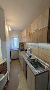 ソバタにあるVÉGH Apartmanのキッチン(木製のキャビネット、シンク付)