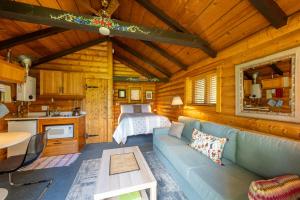 a living room with a couch and a bed in a cabin at Rocky Mountain Cabins and Home in Golden