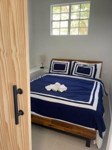 a bedroom with a bed with blue sheets and a window at Dickenson Bay Retreat Oveanview - Sleeps up to 5 in Saint Marks Village