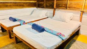 two beds in a room with blue ties on them at Pool Bay in Arugam Bay