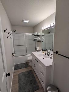 a bathroom with a sink and a toilet and a shower at Reedsong Cottage in Hillsdale