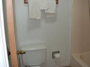 a bathroom with a toilet and towels on the wall at Camlot Inn Motel in Big Spring