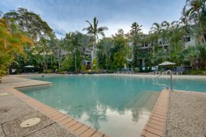 a large swimming pool with palm trees and buildings at 2 BR Coastal Bliss Opposite Currumbin Beach in Gold Coast