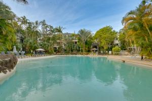 a large swimming pool in a resort with palm trees at 2 BR Coastal Bliss Opposite Currumbin Beach in Gold Coast