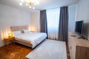 a bedroom with a bed and a flat screen tv at Barrique Livezii in Braşov