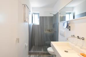 a bathroom with a shower and a toilet and a sink at Orloff Resort in Spetses
