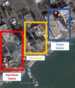 un mapa de la ciudad de Hast Rock Casino y Ocean Casino en Huge 2BR 3BA Ocean Front Condo by CozySuites, en Atlantic City