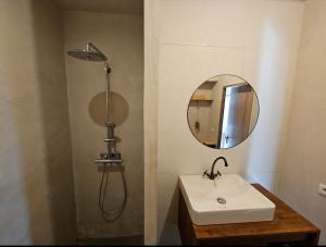 a bathroom with a sink and a shower with a mirror at Appartement en rez-de-jardin in La Valette-du-Var +6 photos