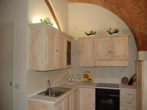 a kitchen with wooden cabinets and a sink at Monolocale a Buonconvento in Buonconvento