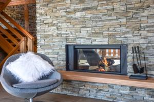 a living room with a fireplace and a chair at Les chalets perchés in Muhlbach-sur-Munster