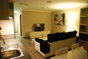 a living room with a couch and a tv at Aparthotel Meseguer in Alcañiz