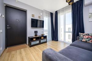 パランガにあるKauko Apartment, TAKAS Į JŪRĄ, Šildomas baseinasのソファと薄型テレビのあるリビングルーム