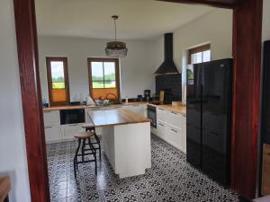 a kitchen with white cabinets and a black refrigerator at Villa Terra in Nałęczów