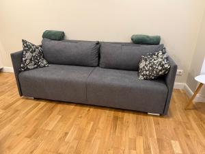 a gray couch in a living room with wood floors at Pine cone cozy apartment in Riga