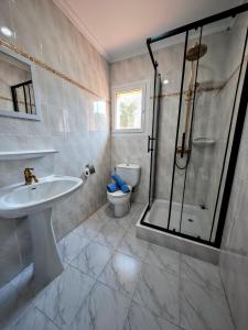 a bathroom with a sink and a shower and a toilet at Alturas del Montgo in Denia