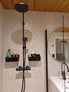 a shower in a bathroom with a sink and a mirror at Two-room apartment with sauna in the Old Town in Savonlinna