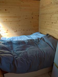 a bed in a room with a wooden wall at River Side izumi in Chōjamachi