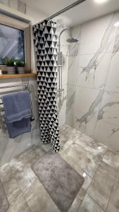 a bathroom with a shower and a tile floor at Rūdupji Maija in Kalniena +24 photos