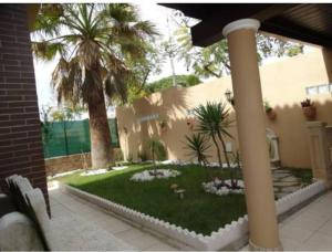 a yard with palm trees and a house at El Chalét de Manolo in Aljaraque