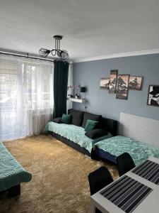 una sala de estar con dos camas y un sofá en Apartament 22 Stycznia 3, en Przemyśl