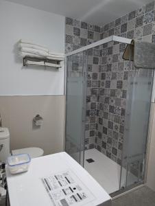 a bathroom with a shower with a glass door at la erilla vieja in Navarrevisca +48 photos