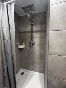 a bathroom with a shower and a bath tub at Bauernhaus Apartment in Raubling