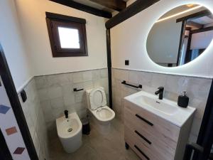 a bathroom with a toilet and a sink and a mirror at La Cabaña del Lago in Sanlúcar de Barrameda +6 photos