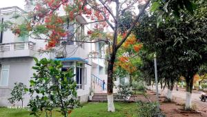 una casa bianca con alberi fioriti di fronte di Villa 407 Eureka resort Linh Trường a Thanh Hóa