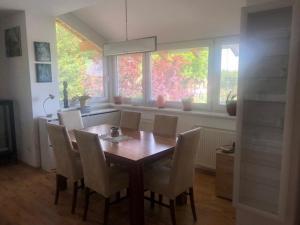 a dining room with a wooden table and chairs at Living in the Gallery in Jánošíková