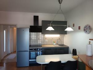 a kitchen with a refrigerator and a table with chairs at APARTMAN I SOBE MARIJANA in Rab