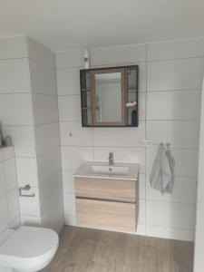 une salle de bain avec un lavabo, des toilettes et un miroir dans l'établissement Monteurzimmer Mühlheim am Main Nähe S-Bahn, à Mühlheim am Main 42 autres photos