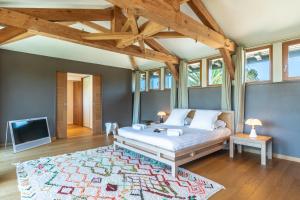 a bedroom with a large bed and a tv at Villa Julia - Villa contemporaine avec piscine in Anglet