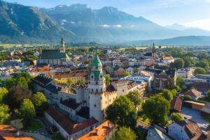 an aerial view of a city with mountains in the background at Lovely Apartment in the Old Town in Hall in Tirol