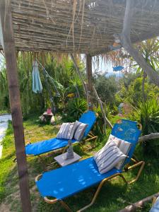 two blue chairs and a swing in a yard at Olive and Blue Retreat in Halikounas +27 photos