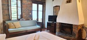a living room with a couch and a fireplace at Kastania Gi in Palaios Panteleimon