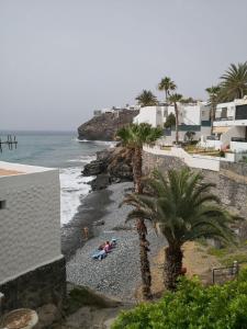 a view of a beach with palm trees and the ocean at Aguycan - Bungalow with ocean views in San Bartolomé de Tirajana