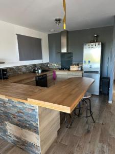 a kitchen with a wooden table and a refrigerator at maison au calme in Maubourguet +6 photos