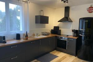 una cucina con frigorifero nero e lavandino di Villa Corée - Domaine Le Sherwood a Notre-Dame-de-Monts