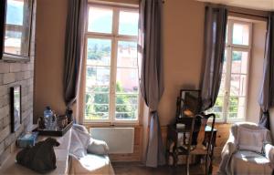 a living room with large windows and a cat sitting on a couch at Maison Prades Chambre d'Hôtes in Prades