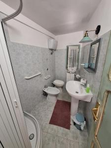 a bathroom with a white sink and a toilet at Alloggio Turistico Pescaxiause in SantʼOreste