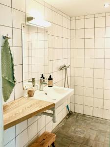 a bathroom with a sink and a mirror at Timber-Framed House With Organic Farm In Nature in Stehag