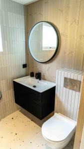 a bathroom with a sink and a toilet and a mirror at Near-Sea Boat House With Panoramic Views in Sykkylven