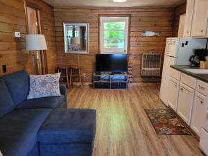 a living room with a blue couch and a tv at Castaways Cottage on Croton Pond #2 in Newaygo