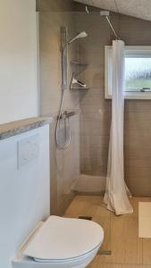a bathroom with a toilet and a shower with a shower curtain at Holiday Home Idyll By Roskilde Fjord in Kirke-Hyllinge +12 photos
