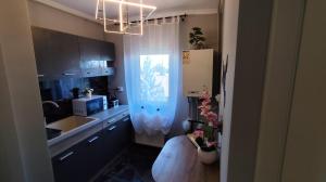 a small kitchen with a refrigerator and a window at Darlar Loft in Deva