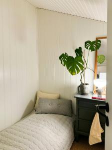 Un dormitorio con una cama y una planta en maceta. en Split-Level Holiday Home With View Of Årø, en Haderslev