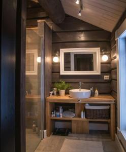 オップダールにあるSpacious Mountain Cabin With Lodge Style In Oppdalの洗面台と鏡のあるバスルーム